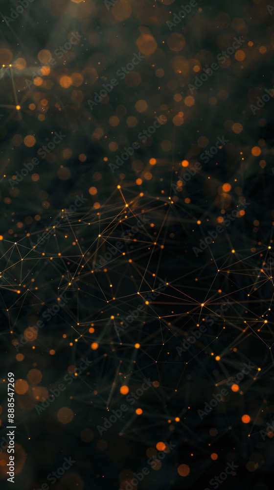 Poster a black and orange background with a lot of dots. the dots are connected to each other in a web-like