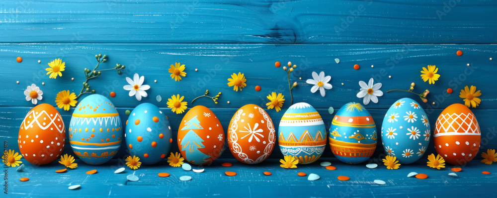 Poster a row of painted eggs with flowers in the background. the eggs are of different colors and sizes, an