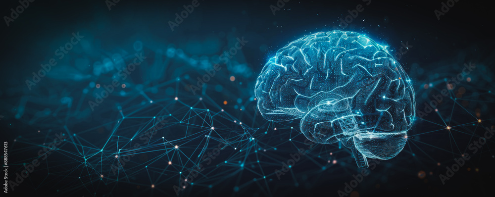Poster a brain is shown in a blue and black background. the brain is surrounded by a web of lines and dots,