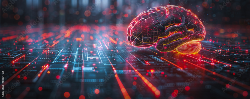Poster a brain is shown in a computer generated image with a red background. the brain is surrounded by a n