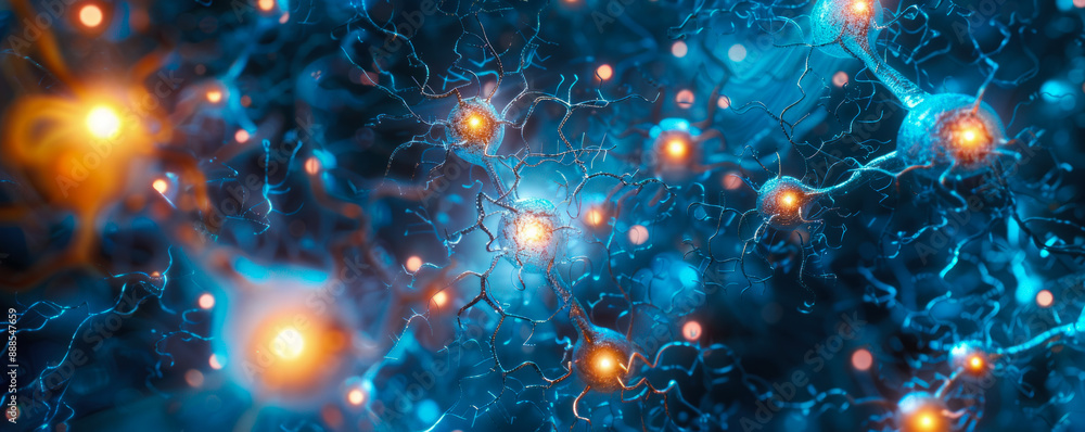 Poster a blue and orange image of many small dots that are connected to each other. the image is of neurons