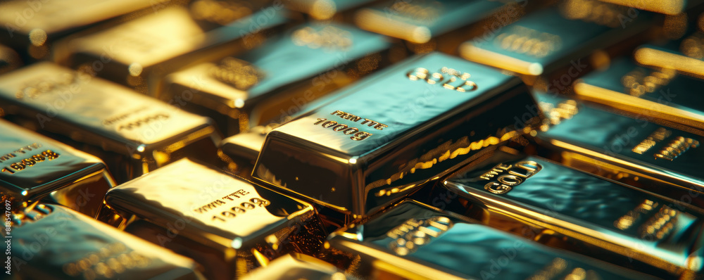 Poster a close up of gold bars with the numbers 1 through 9 on them. the bars are arranged in a grid, with 