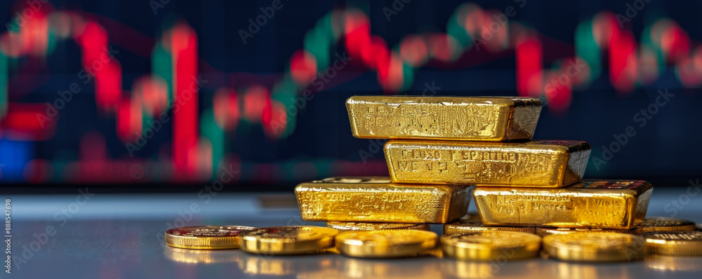 Poster a stack of gold coins sits on a table next to a computer monitor displaying a graph. the coins are p