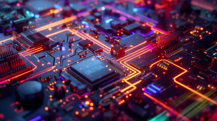 Obraz premium High-tech motherboard with colorful components, symbolizing advanced electronics and innovation