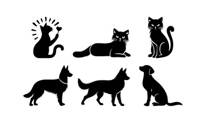 DOG and Cat  different poses silhouettes set isolated on white background, Dog and Cat  vectors set in black and white.