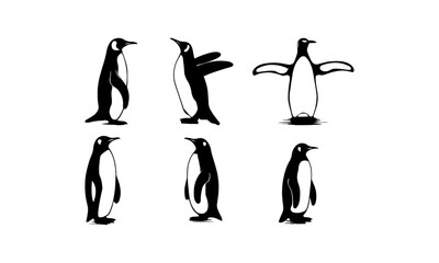 Penguin different poses silhouettes set isolated on white background, Penguin vectors set in black and white.