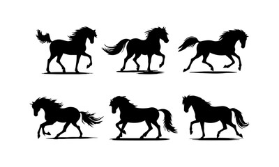 Fototapeta premium Horse different poses silhouettes set isolated on white background, Horses vectors set in black and white.