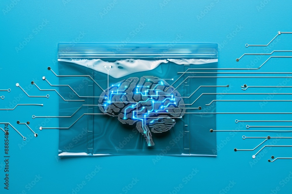 Poster futuristic portrait of a brain in a plastic bag with circuit design creating a hightech and innovati