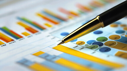 Pen pointing at charts and graphs in a strategic financial planning session