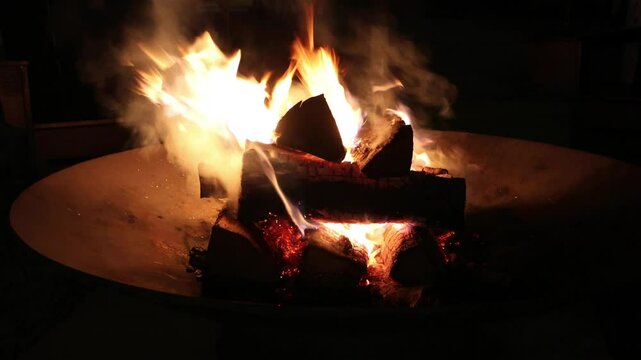 wood burning in outdoor fire pit (summer recreation outdoors fun) close up of log flame (logs firewood) metal ring camping 