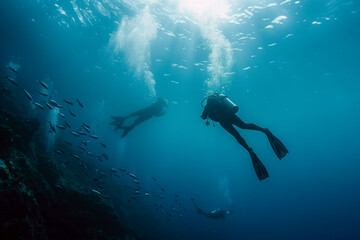 Two people are scuba diving in the ocean