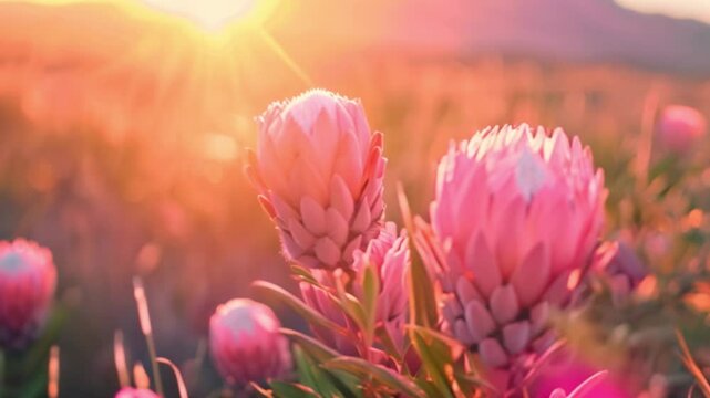 Pink protea flowers bloom in the soft, golden light of a setting sun.
