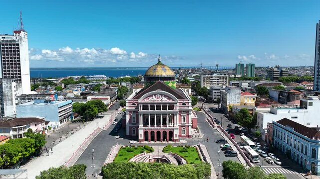 Amazonas Theater At Manaus Amazonas Brazil. Highrise Building Dominating The Skyline Of The Downtown. Metropole Landscape Commercial Building Stunning. Metropole Urban. Manaus Amazonas.