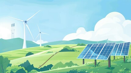A renewable energy farm with wind turbines and solar panels set against a backdrop of rolling green hills AI generated