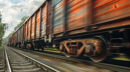 Obraz premium closeup side view photo of a cargo train driving on railroad in motion. wallpaper background for ads, web design, sites
