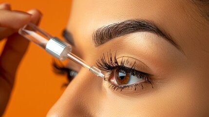 Naklejka premium Close Up, Young Woman Using Eyebrow Growth Serum, Moisturizing Eyebrows. Eyelash and Eyebrow Care.