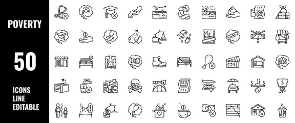 50 Poverty Icons Set Line Editable Vector Illustration