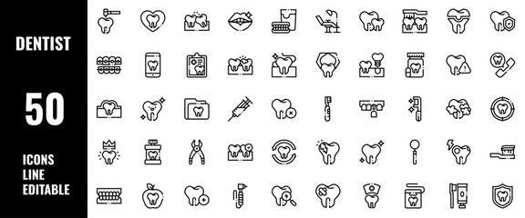 50 Dentist Icons Set Line Editable Vector Illustration