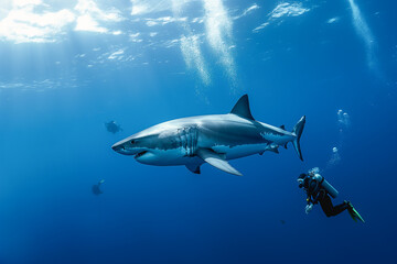 Naklejka premium A man in a wet suit is swimming with a shark