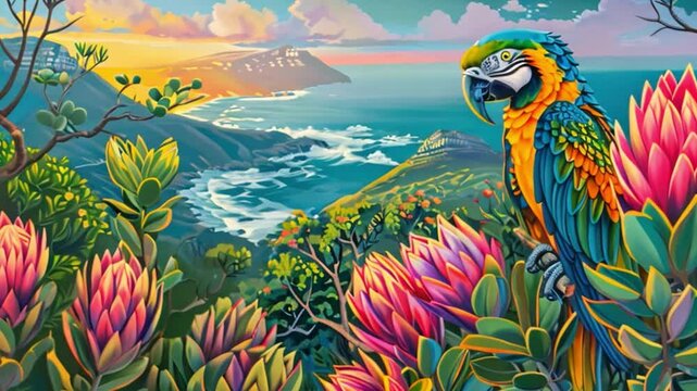 A vibrant parrot perched on a branch amidst pink protea flowers, overlooking a picturesque coastal landscape with a setting sun.