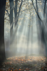 Enigmatic Forest Veiled in Mystical Fog: A Serene Landscape Shrouded in Nature's Ethereal Embrace, Capturing Tranquillity and Mystery in a Quiet, Misty Setting.