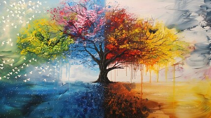 Artwork showcasing a tree across four seasons