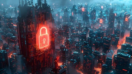 A futuristic cityscape with holographic data streams and a lock symbol, highlighting urban data security.