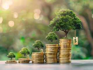 Coins and plants are grown on a pile of coins for finance and banking. The idea of saving money and increasing finances.