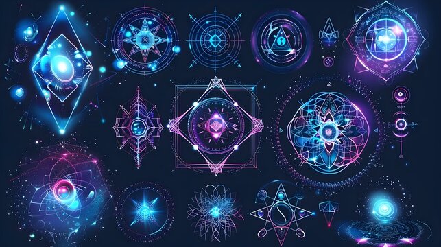 Abstract sacred geometry and magic symbols set