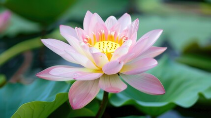 Lotus flower with soft pink petals and a bright yellow center AI generated