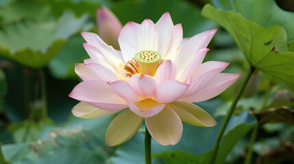 Fototapeta premium Lotus flower with soft pink petals and a bright yellow center AI generated