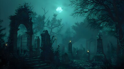 Eerie Halloween graveyard with tombstones at night