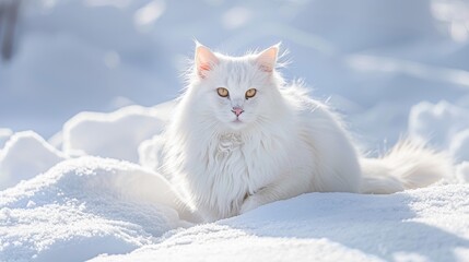 Photo of a beautiful white fluffy Turkish Angora cat on a snowy background.