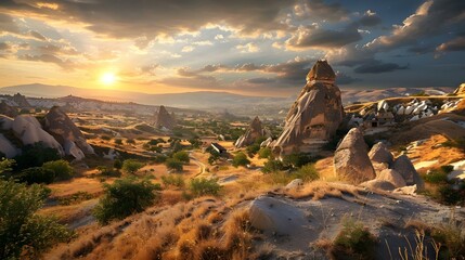 Dramatic view of Cappadocia village and rock formations