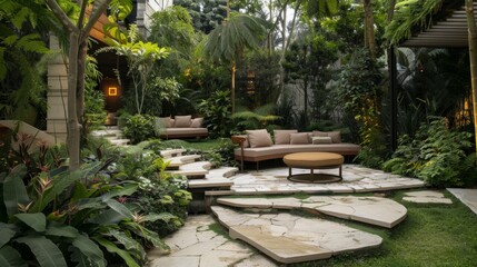 environment with stone paths that lead to the area where the sofa and table are. generative ai