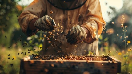 Beekeeper working with bees in bee house, beekeeping concept.