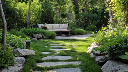 environment with stone paths that lead to the area where the sofa and table are. generative ai