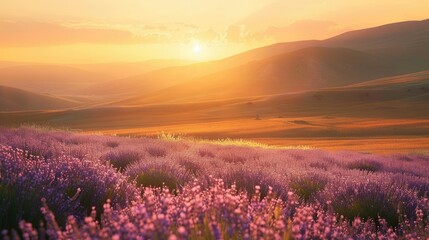 Rolling hills covered in blooming lavender fields under a golden sunset AI generated