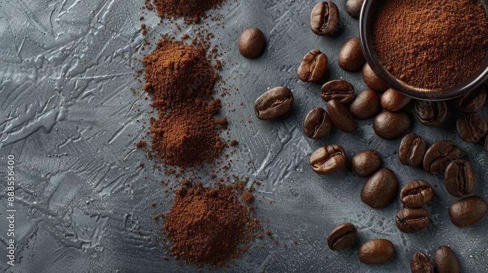 Poster coffee beans and ground coffee placed on gray surface with empty space above view