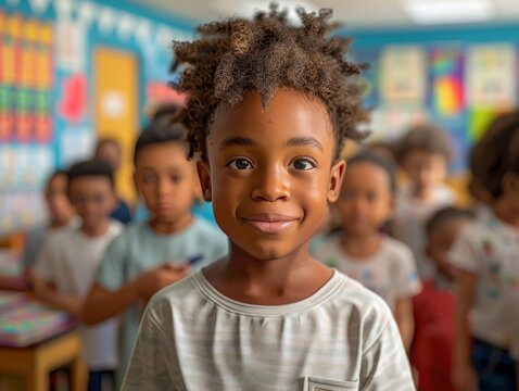A group of children in a classroom ready for school to start. 
