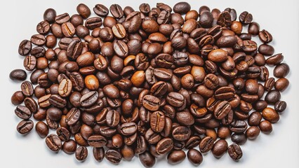 Obraz premium Close-up of roasted brown coffee beans scattered on a white background