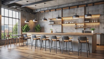 Modern minimalist cafe interior with concrete walls, wooden floor, white and black accent wall, and sleek bar and chair design.
