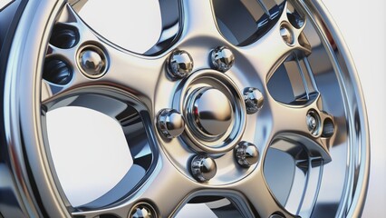 Highly detailed close-up macro view of isolated car wheel with intricate design and metallic lug nuts on a pure white background.