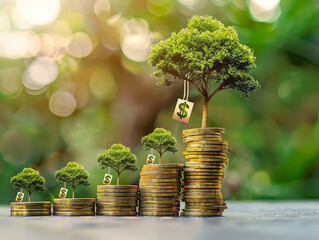 Coins and plants are grown on a pile of coins for finance and banking. The idea of saving money and increasing finances.