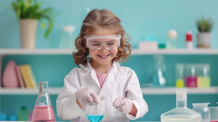 Fototapeta premium A young girl in a lab coat is smiling as she works on an experiment. She is wearing safety goggles and gloves, and there are several bottles and beakers around her