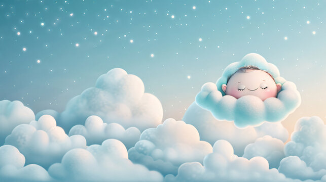 Fototapeta A cartoon baby is floating in a fluffy cloud. The sky is filled with clouds and stars. The baby is sleeping peacefully, and the scene has a calm and serene mood