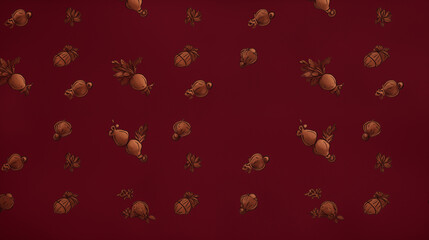Acorns and Leaves Seamless Pattern on Maroon Background