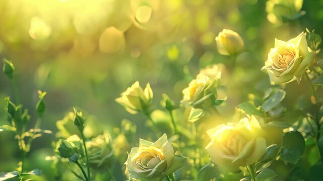 Pale green roses with soft petals open in a garden bathed in warm sunlight.