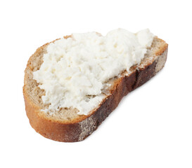 Delicious fresh ricotta (cream cheese) on piece of bread isolated on white