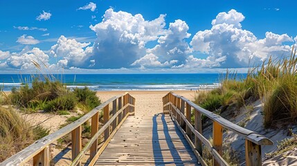 Fototapeta premium Wooden Bridge Leading to a Beach With Blue Sky and White Clouds